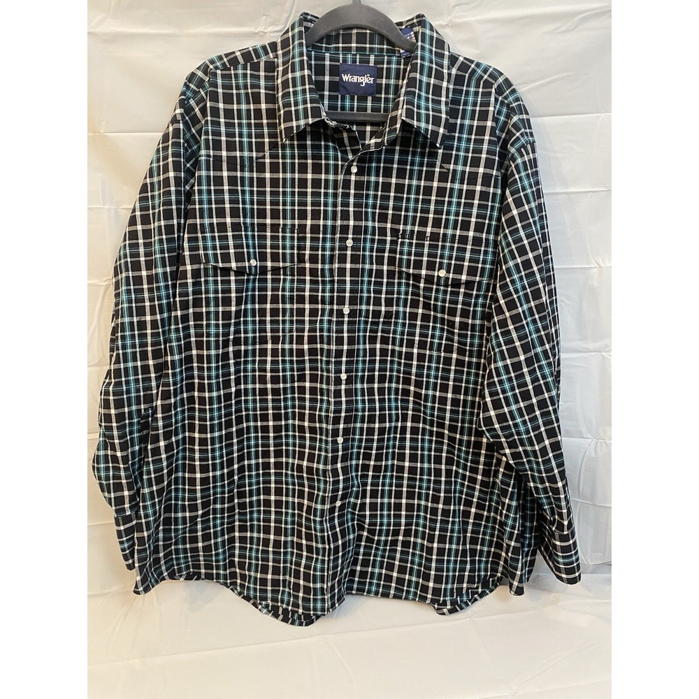 Wrangler Shirt Mens 3XL Black Plaid Pearl Snap Long Sleeve‎ Casual Western #257
